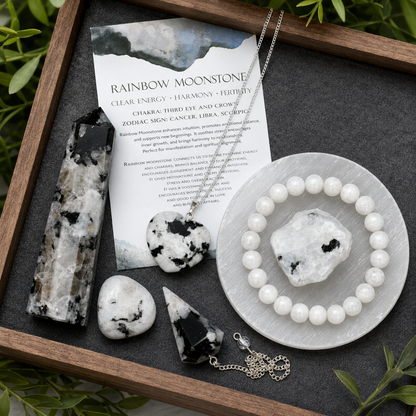 Rainbow Moonstone Crystal Gift Set For Emotional Support and Protection, Real Polished Gemstones.  DestGlow
