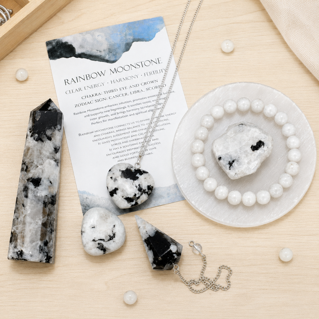 Rainbow Moonstone Crystal Gift Set For Emotional Support and Protection, Real Polished Gemstones.  DestGlow