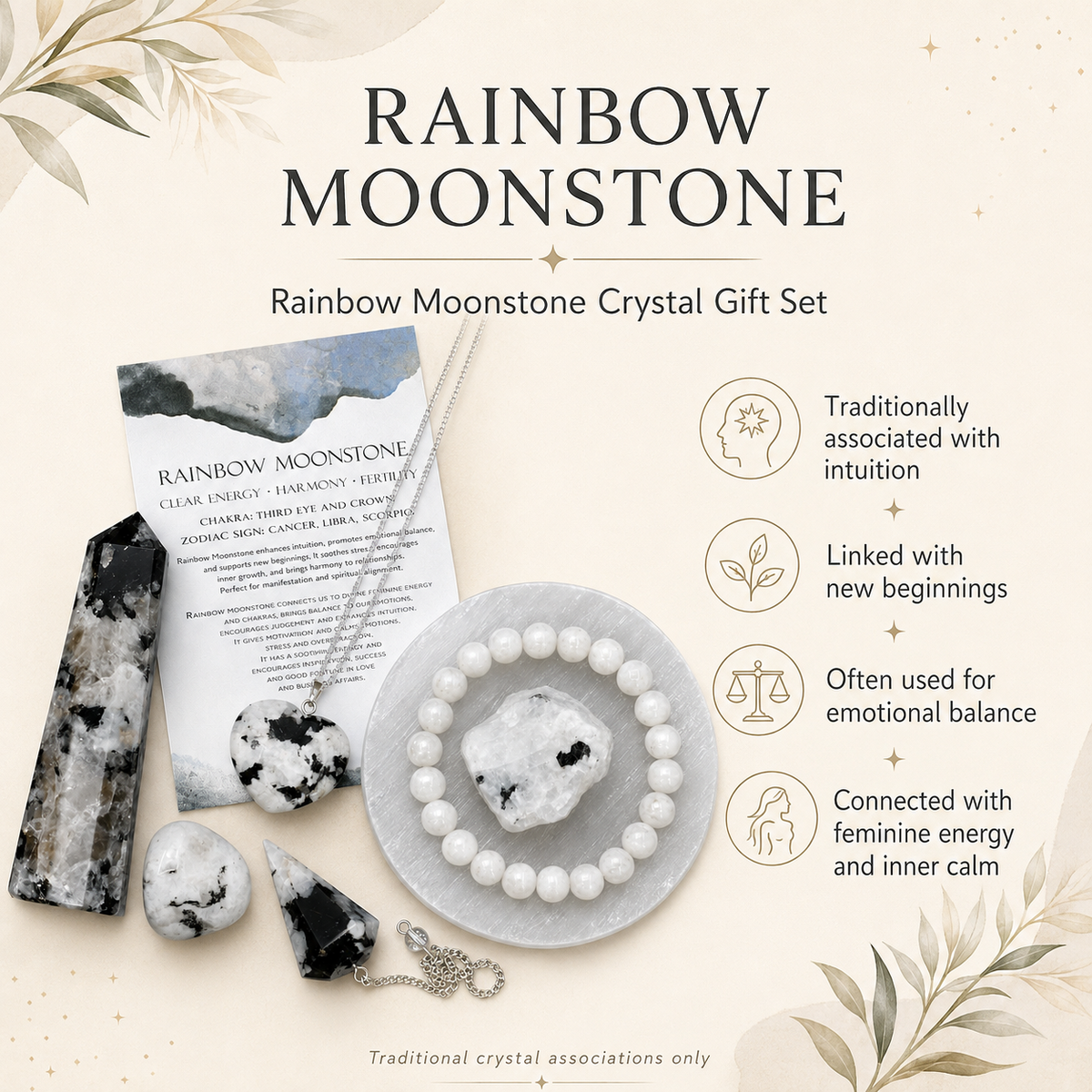 Rainbow Moonstone Crystal Gift Set For Emotional Support and Protection, Real Polished Gemstones.  DestGlow