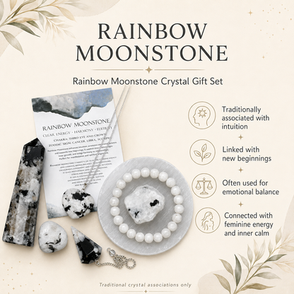 Rainbow Moonstone Crystal Gift Set For Emotional Support and Protection, Real Polished Gemstones.  DestGlow