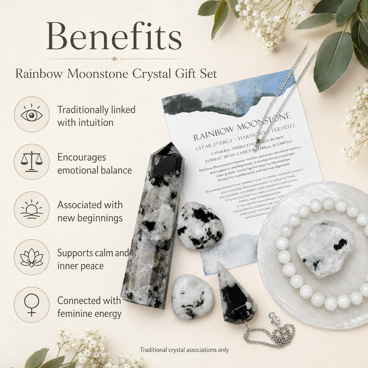 Rainbow Moonstone Crystal Gift Set For Emotional Support and Protection, Real Polished Gemstones.  DestGlow