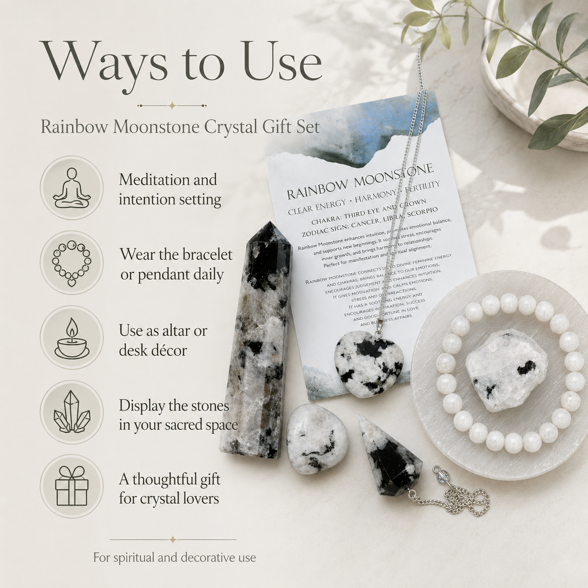 Rainbow Moonstone Crystal Gift Set For Emotional Support and Protection, Real Polished Gemstones.  DestGlow
