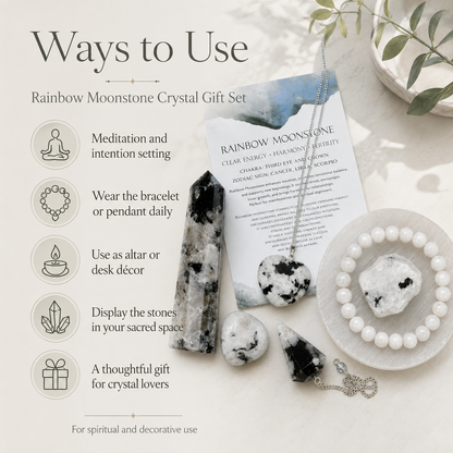 Rainbow Moonstone Crystal Gift Set For Emotional Support and Protection, Real Polished Gemstones.  DestGlow