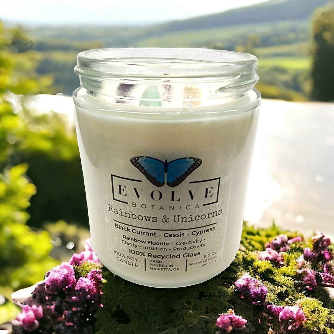 Classic 9oz Jam Jar Crystal Soy Candle - Rainbows &amp; Unicorns (Fluorite)