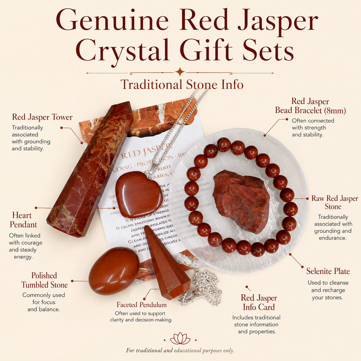 Red Jasper Crystal Gift Set For Emotional Support and Protection, Real Polished Gemstones.  DestGlow