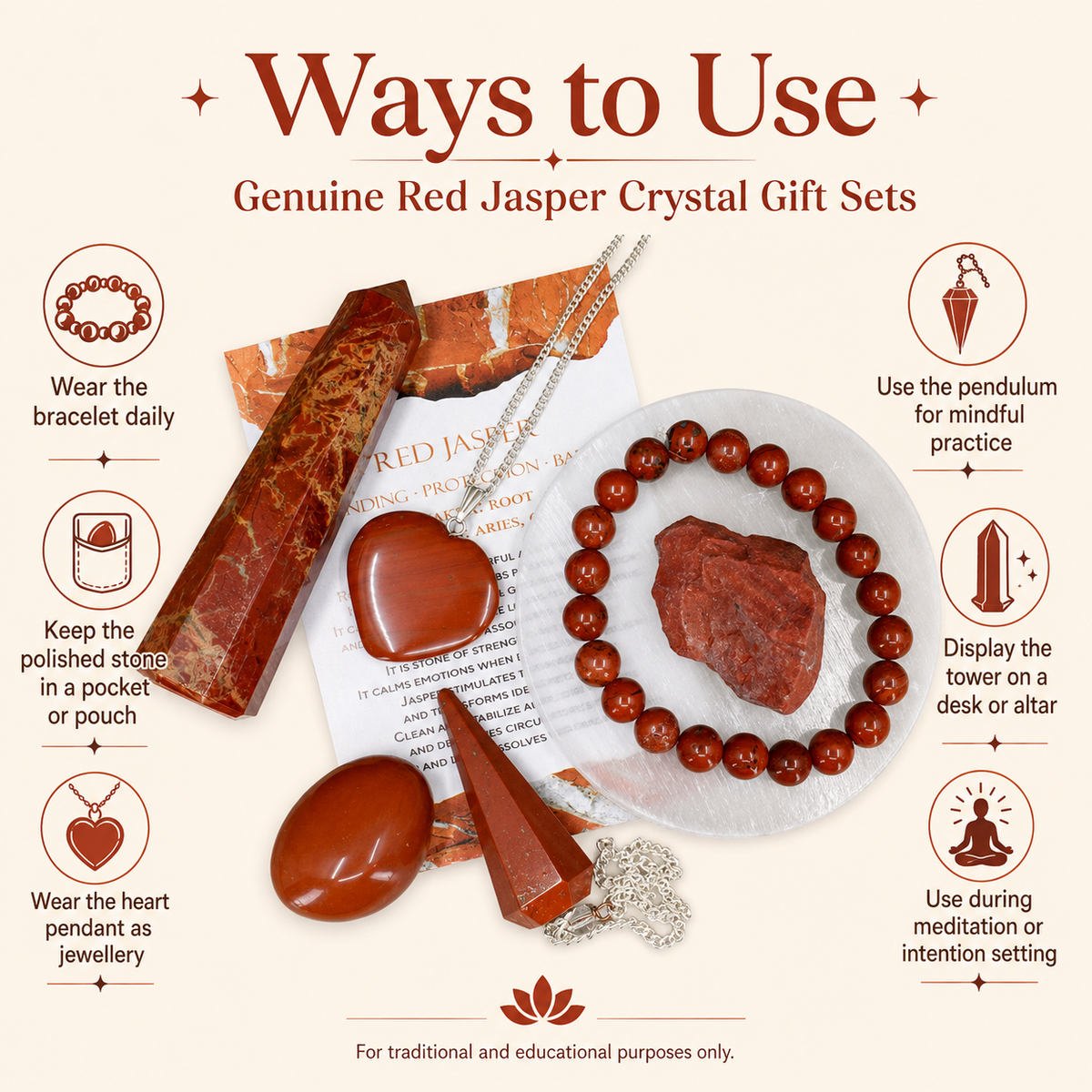 Red Jasper Crystal Gift Set For Emotional Support and Protection, Real Polished Gemstones.  DestGlow