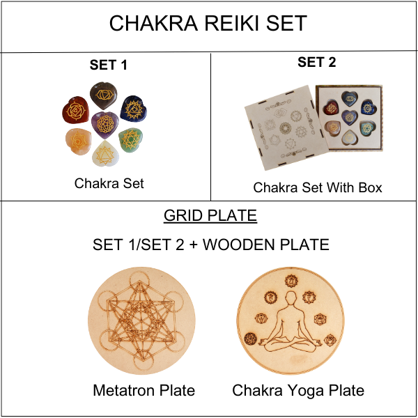 Chakra Crystals Set, Heart Shaped Reiki 7 Chakra Stones Set, Wooden Grid Plate, Selenite Log  DestGlow
