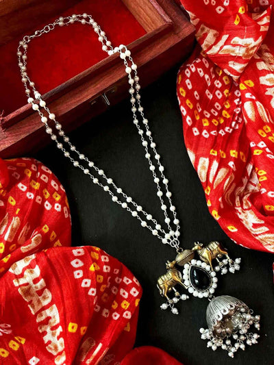 Joban Fashion Black Brass Dual Tone Pendant Beaded Chain Necklace