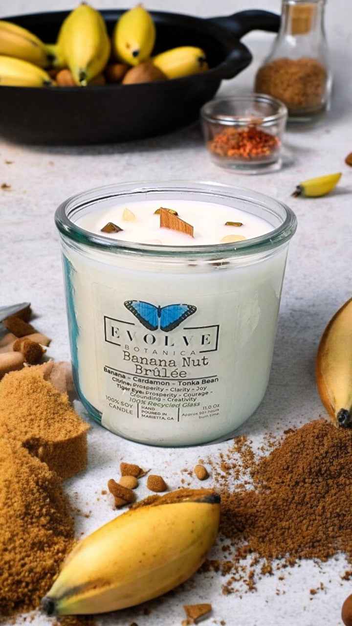 Rocks Candle - Banana Nut Brulee (Wood Wick Citrine &amp; Tiger Eye Gemstone Soy Candle)