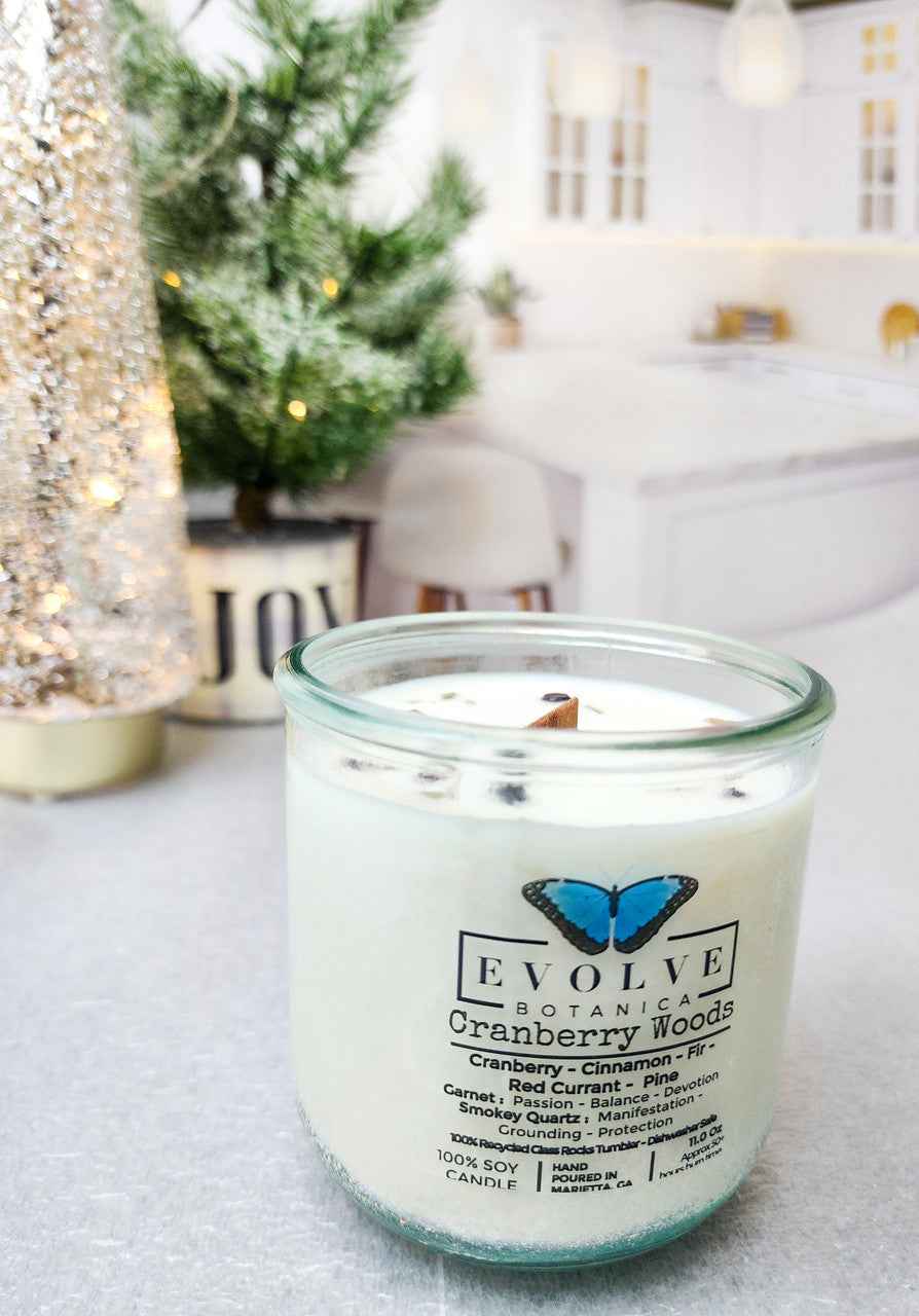 Rocks Candle - Cranberry Woods (Wood Wick Garnet &amp; Smokey Quartz Gemstone Soy Candle)