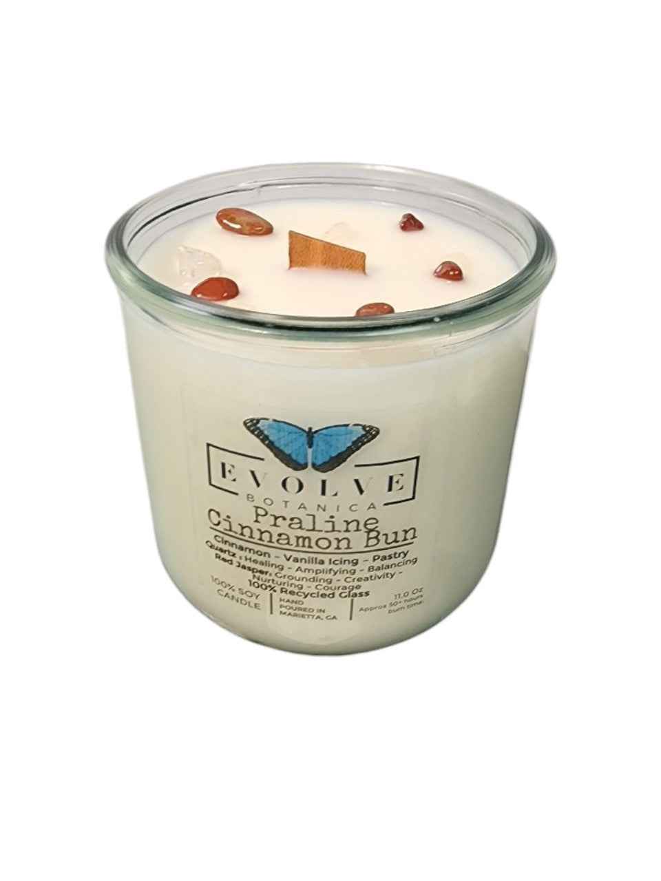 Rocks Candle - Praline Cinnamon Bun (Wood Wick Red Jasper &amp; Clear Quartz Gemstone Soy Candle)