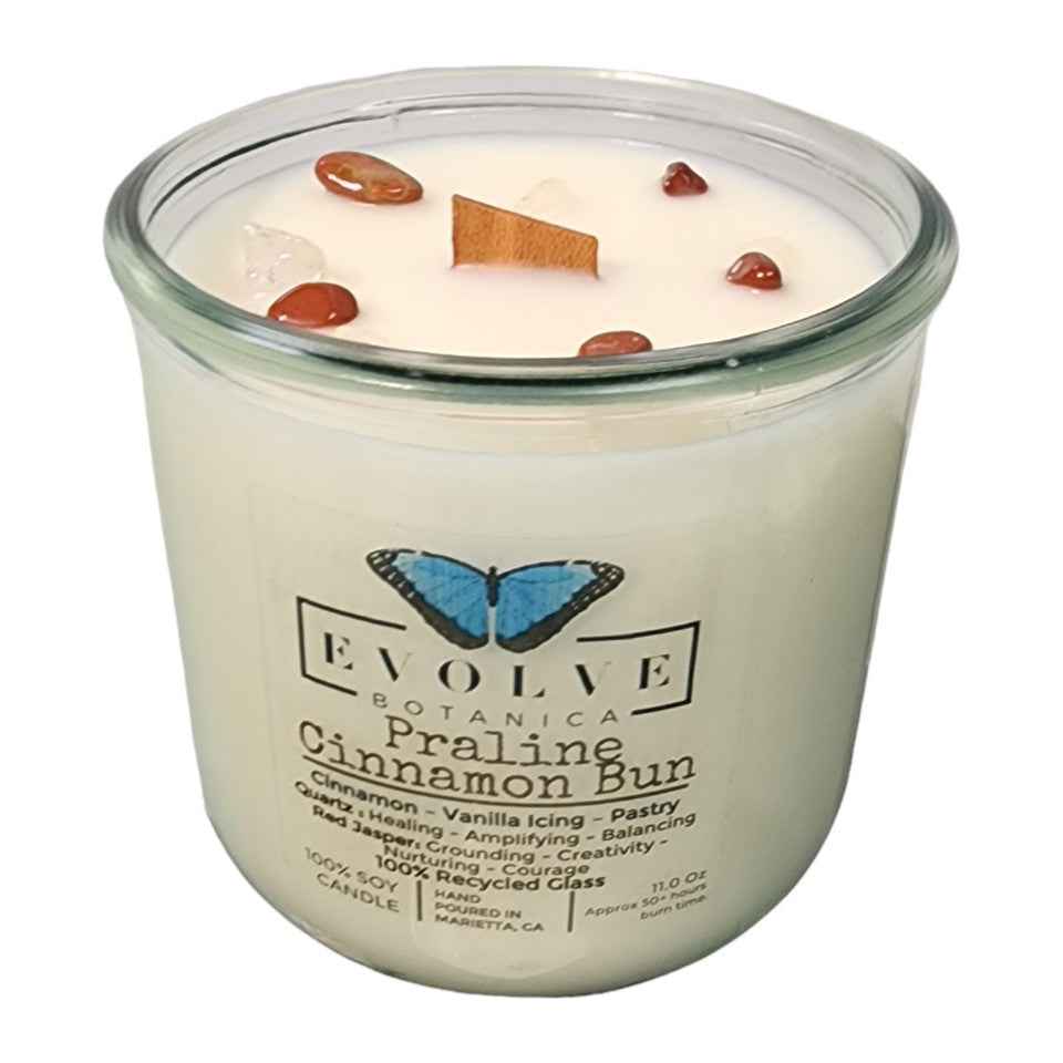 Rocks Candle - Praline Cinnamon Bun (Wood Wick Red Jasper &amp; Clear Quartz Gemstone Soy Candle)