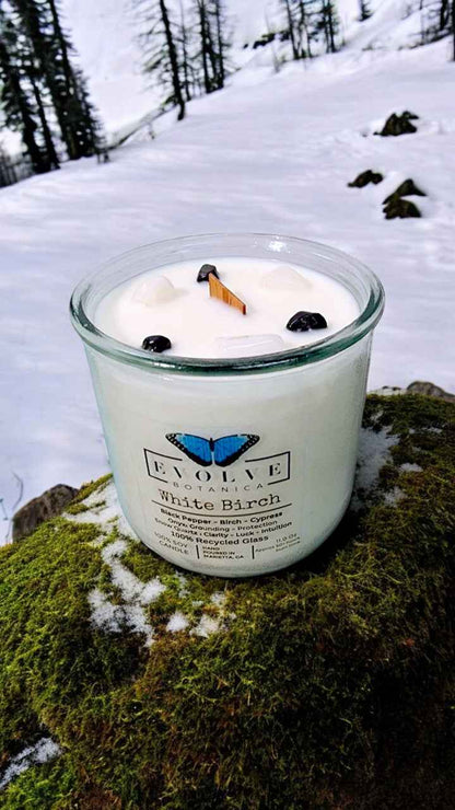 Rocks Candle - White Birch (Wood Wick Snow Quartz &amp; Onyx Gemstone Soy Candle)