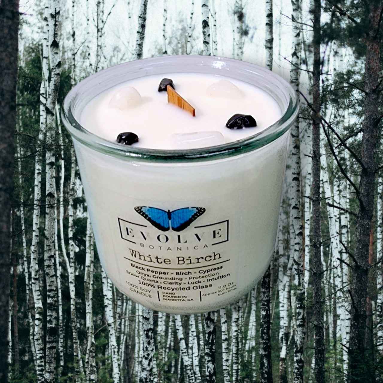 Rocks Candle - White Birch (Wood Wick Snow Quartz &amp; Onyx Gemstone Soy Candle)