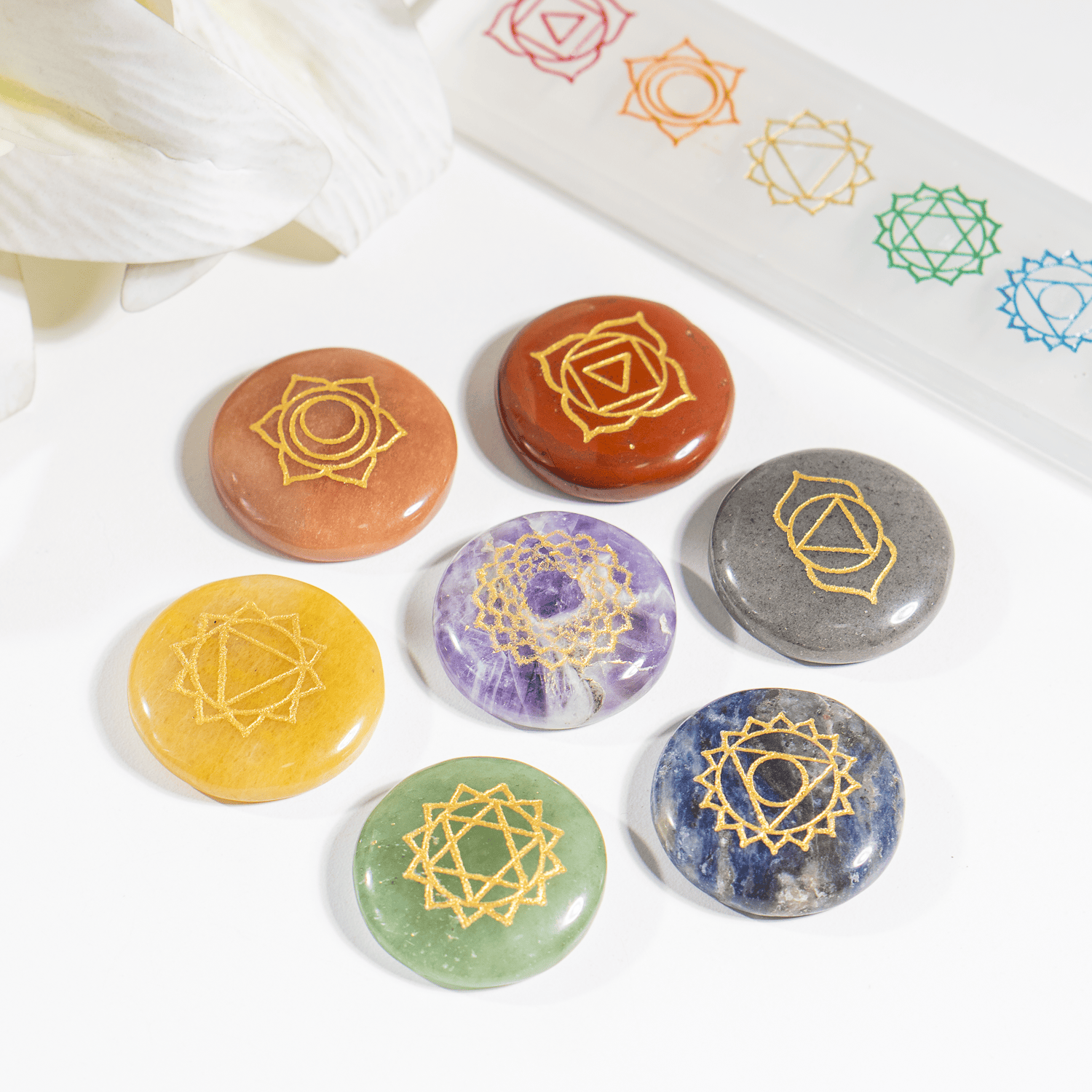 Chakra Crystals Set, Round Reiki 7 Chakra Stones Set, Wooden Grid Plate, Selenite Log  DestGlow