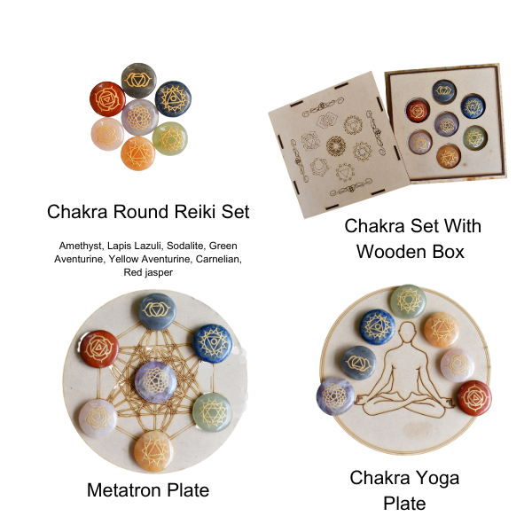 Chakra Crystals Set, Round Reiki 7 Chakra Stones Set, Wooden Grid Plate, Selenite Log  DestGlow