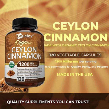 Organic Ceylon Cinnamon Supplement 1200mg - Supports Healthy Blood Sugar Levels and Promotes Heart Health, Antioxidants