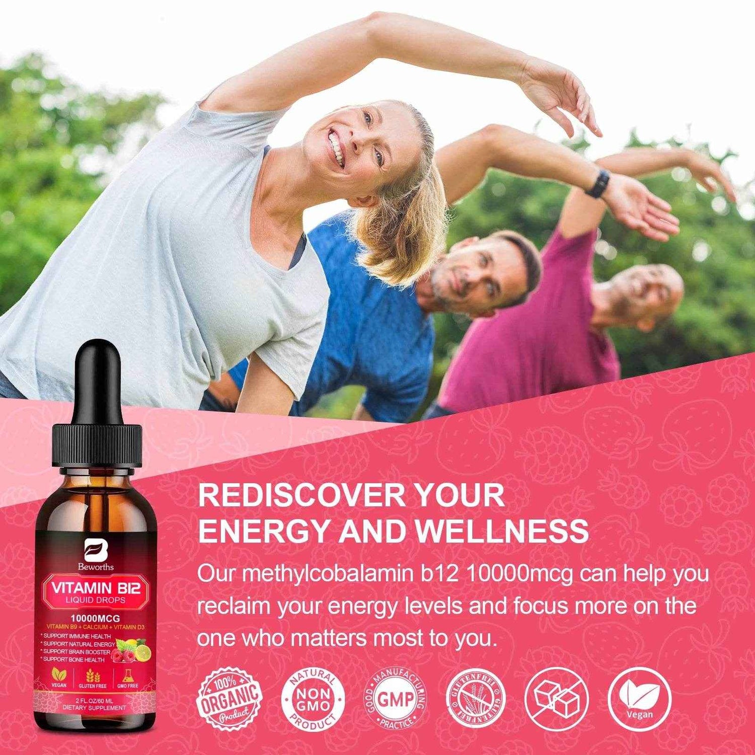 BEWORTHS Vitamin B12 Drops Energy Supplements Support Immune Health Protecting Cardiovascular Health Promote Digestion