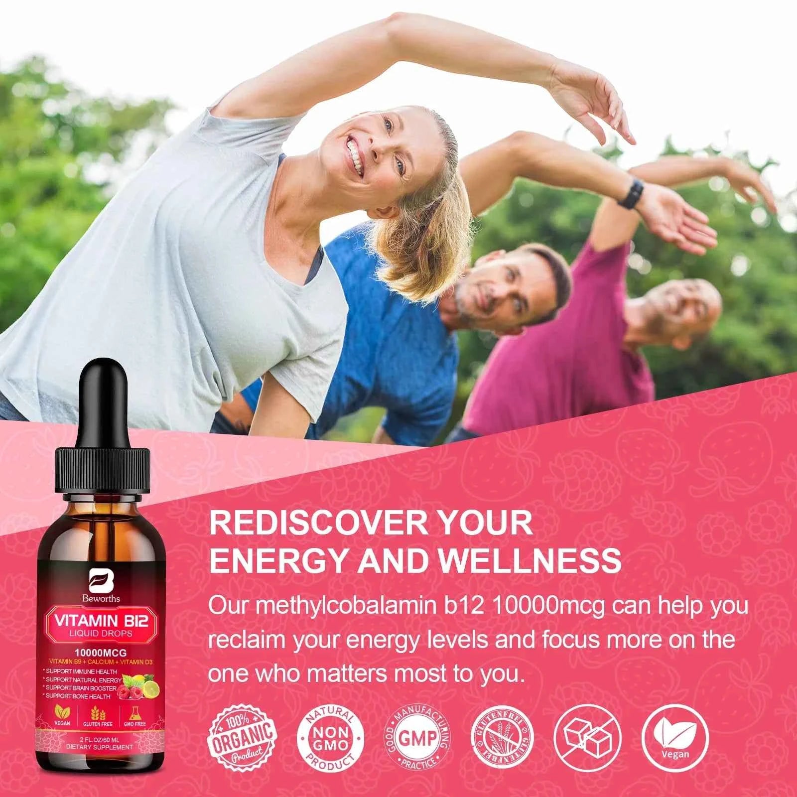 BEWORTHS Vitamin B12 Drops Energy Supplements Support Immune Health Protecting Cardiovascular Health Promote Digestion