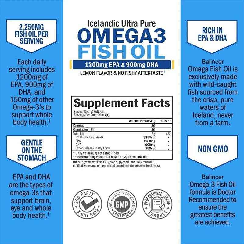 Fish Oil Omega 3 Contains EPA 1200mg &amp; DHA 900mg - for Joints, Eyes, Cognitive Supplement, Non-GMO, Gluten Free