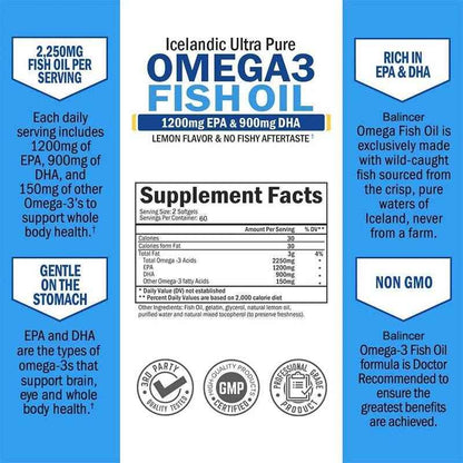 Fish Oil Omega 3 Contains EPA 1200mg &amp; DHA 900mg - for Joints, Eyes, Cognitive Supplement, Non-GMO, Gluten Free