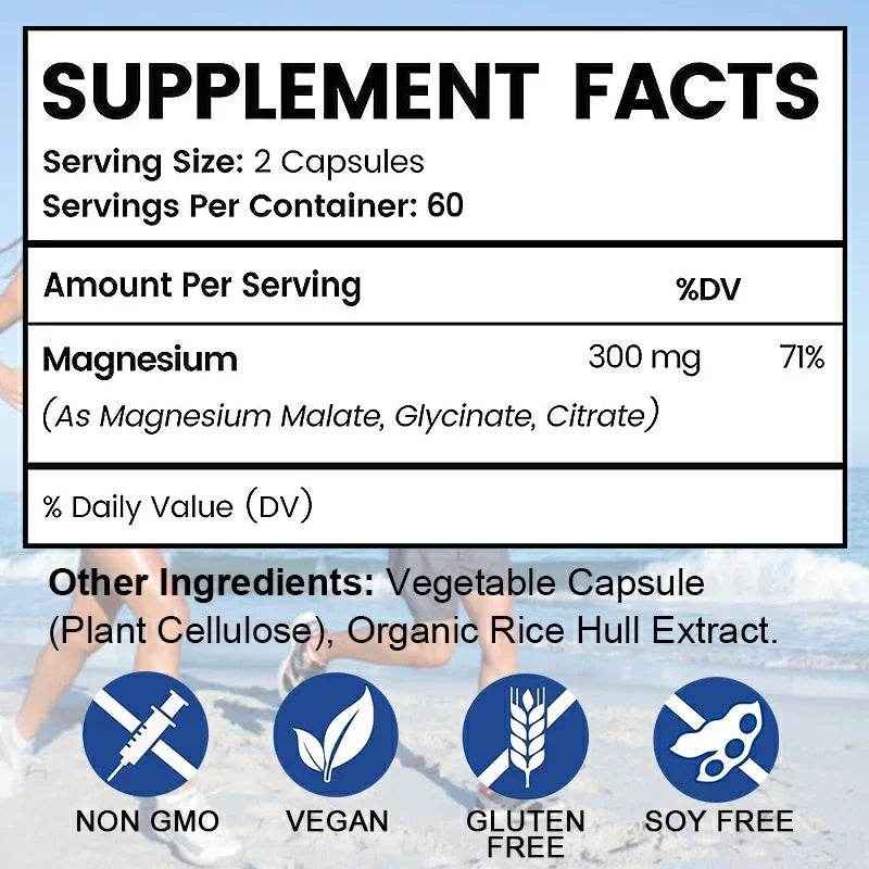 Triple Magnesium Complex | 300 mg Magnesium Glycinate, Malate &amp; Citrate, Muscle, Nerve &amp; Energy Support, 120 Capsules