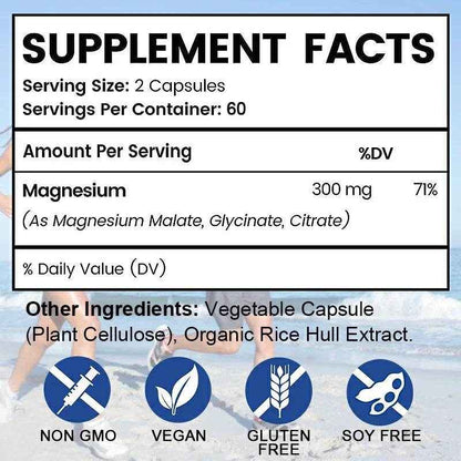 Triple Magnesium Complex | 300 mg Magnesium Glycinate, Malate &amp; Citrate, Muscle, Nerve &amp; Energy Support, 120 Capsules