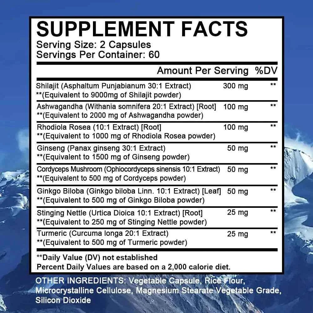 Shilajit Pure Himalayan with Ashwagandha, Rhodiola, Ginseng, Men &amp; Women Supplement - Brain, Energy, Joints, Immunity