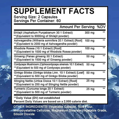 Shilajit Pure Himalayan with Ashwagandha, Rhodiola, Ginseng, Men &amp; Women Supplement - Brain, Energy, Joints, Immunity