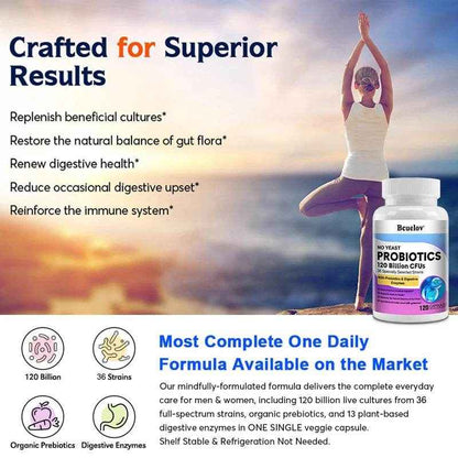 Bcuelov Probiotics 120 Billion CFU - 36 Strains with Prebiotics &amp; Digestive Enzymes for Intestinal Digestion and Immune Support
