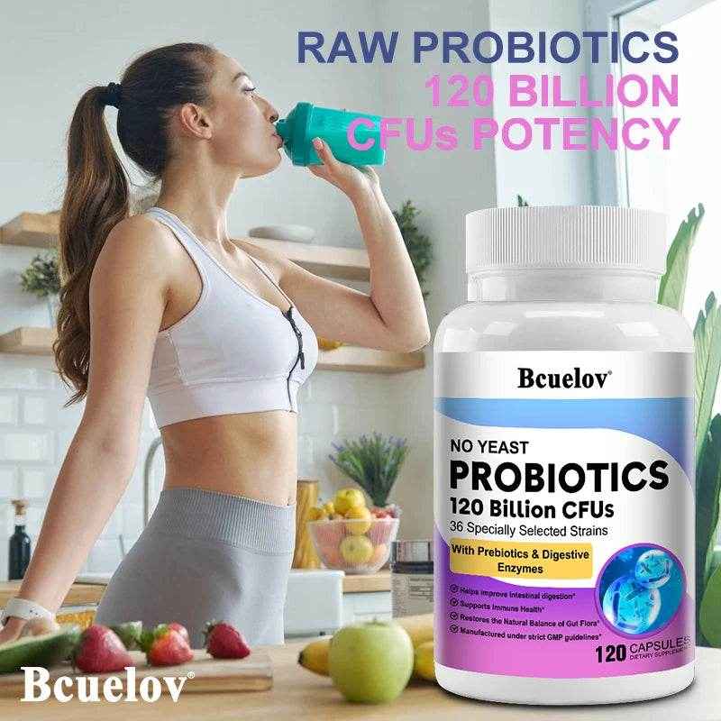 Bcuelov Probiotics 120 Billion CFU - 36 Strains with Prebiotics &amp; Digestive Enzymes for Intestinal Digestion and Immune Support
