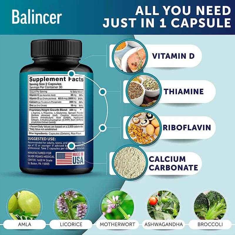 Height Growth Maximizer - Natural Peak Height - Bone Strength Growth Pills with Calcium - No Somatropin, 120 Capsules