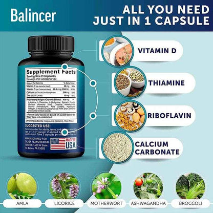 Height Growth Maximizer - Natural Peak Height - Bone Strength Growth Pills with Calcium - No Somatropin, 120 Capsules