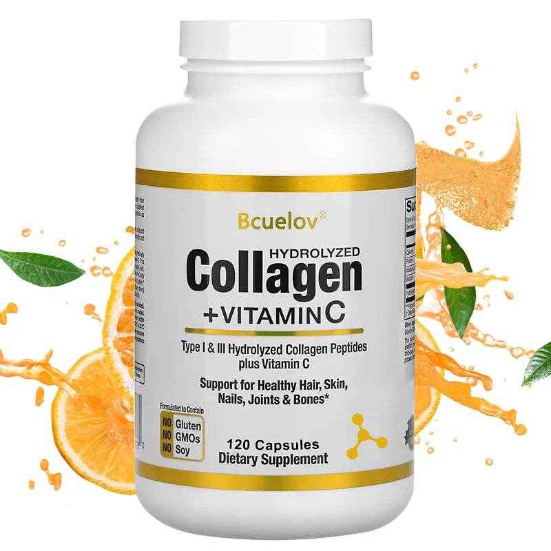 Bcuelov Type I &amp; III Hydrolyzed Collagen Peptides Plus Vitamin C Supports Healthy Hair, Skin, Nails, Joints &amp; Bones