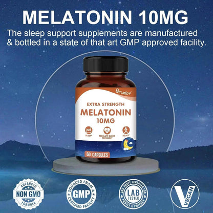 Sleep Melatonin 10 Mg Capsules, Adult Nighttime Sleep Supplement, Helps You Fall Asleep Faster and Deeper, 60 Vegan Capsules