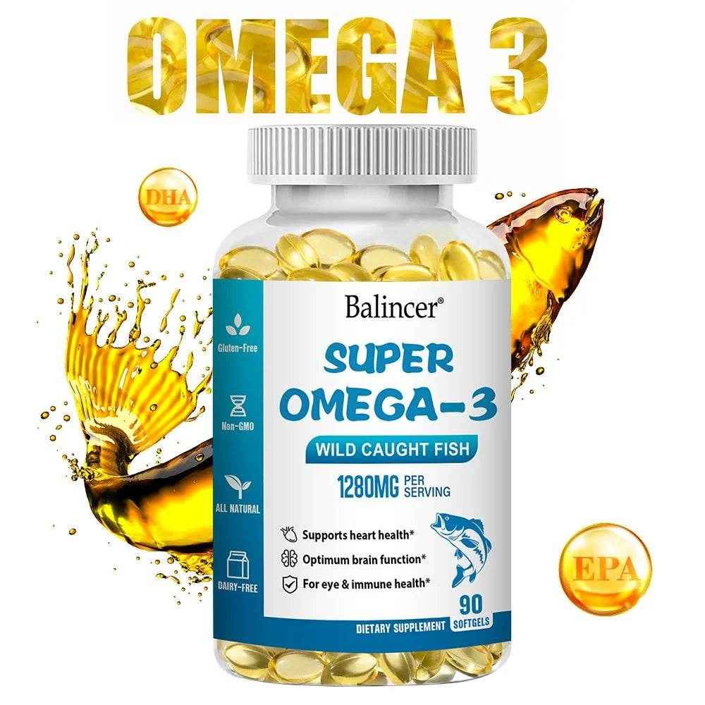 OMEGA 3 Fish Oil Supplement - Rich in EPA &amp; DHA, Supports Brain Health, Heart - Immune System, Eyes, Skin, 90 Capsules