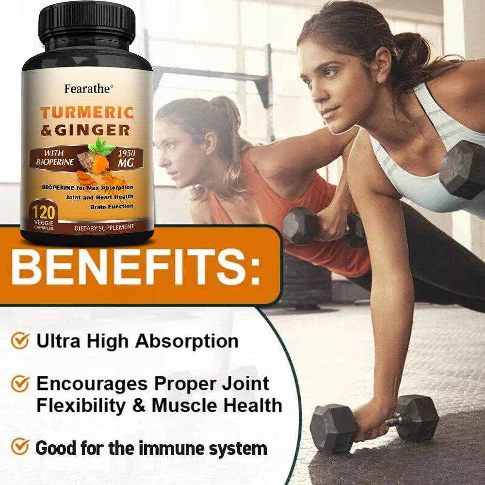 Turmeric Ginger Capsules with BioPerine 1950 Mg - Black Pepper for Better Absorption, Natural Joint, Heart and Brain Support