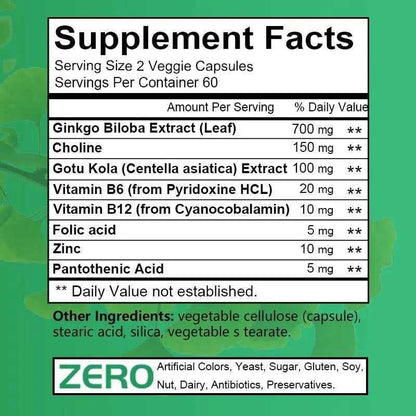 Ginkgo Biloba Extract, B Vitamin Supplement, Supports Brain Function and Memory, Focus, Stress Relief, 60/120 Veggie Capsules