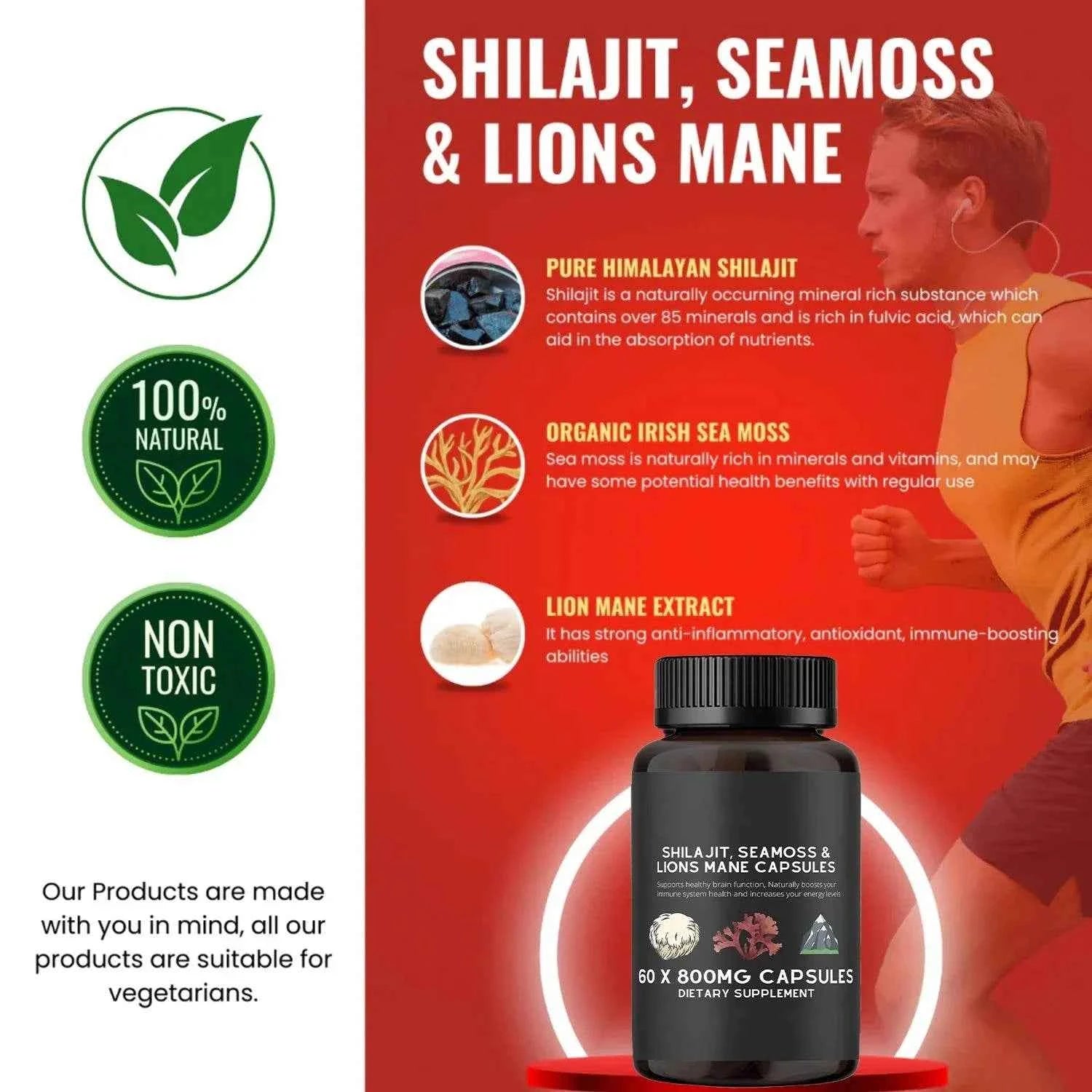 Shilajit, SeaMoss&amp;Lions Mane Capsules - Comprehensive All-in-One Wellness Supplement for Mind, Body, and Vitality - 60 Capsules
