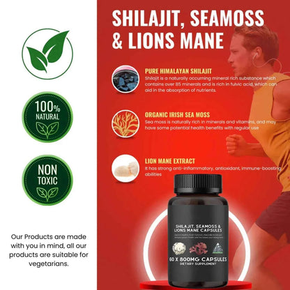 Shilajit, SeaMoss&amp;Lions Mane Capsules - Comprehensive All-in-One Wellness Supplement for Mind, Body, and Vitality - 60 Capsules