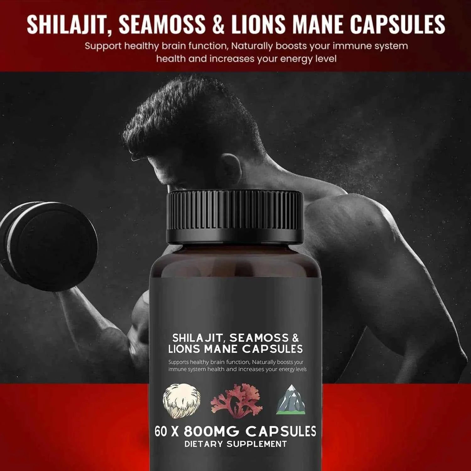 Shilajit, SeaMoss&amp;Lions Mane Capsules - Comprehensive All-in-One Wellness Supplement for Mind, Body, and Vitality - 60 Capsules