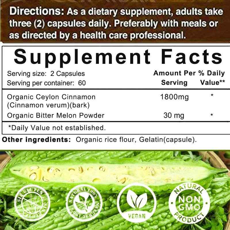 Ceylon Cinnamon 1800mg - Organic Ceylon Cinnamon &amp; Organic Bitter Melon, 2-in-1 Support, Bone, Joint, Blood Sugar, Antioxidant