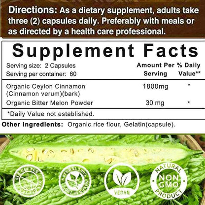 Ceylon Cinnamon 1800mg - Organic Ceylon Cinnamon &amp; Organic Bitter Melon, 2-in-1 Support, Bone, Joint, Blood Sugar, Antioxidant