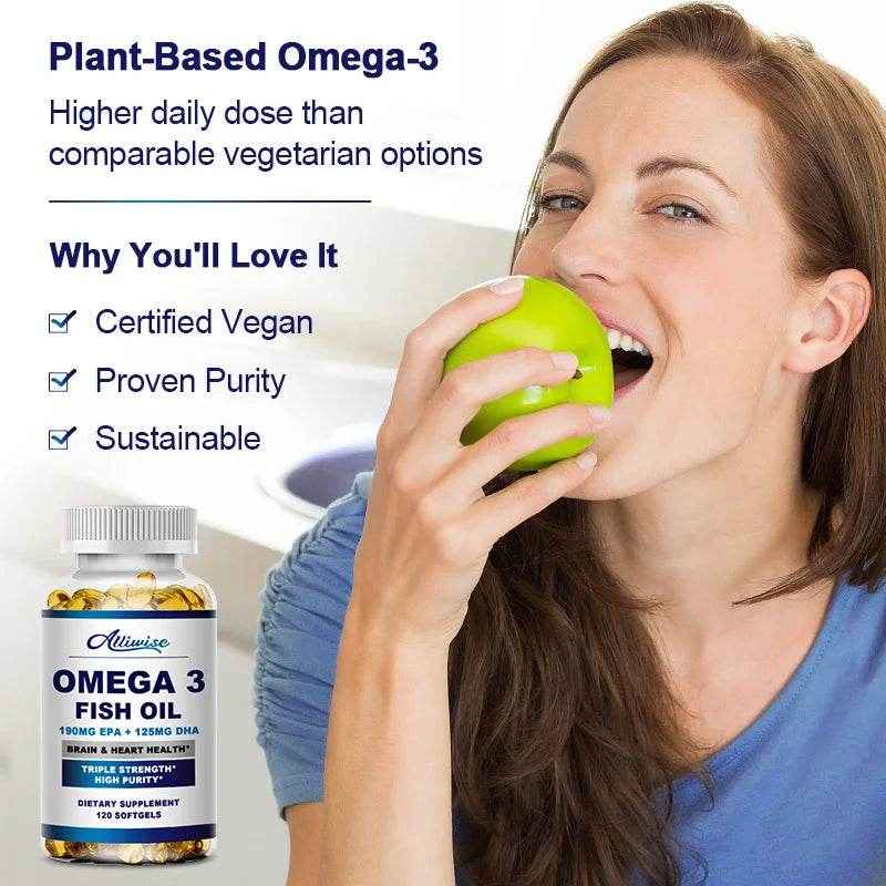 Alliwise Omega 3 Fish Oil Capsules Helps Brain &amp; Cardiovascular System, Relief Eye Fatigue, Improve Cognitive &amp; Learning Ability