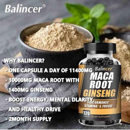 Maca Root + Ginseng Extract Capsules for Adult Men and Women - Energy, Vitality, Endurance and Muscle Mass