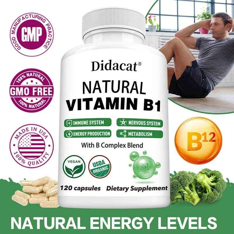 Natural Vitamin B1 - B Complex Blend, Nervous System, Immune System, Energy and Metabolic Health, Vegetarian Capsules