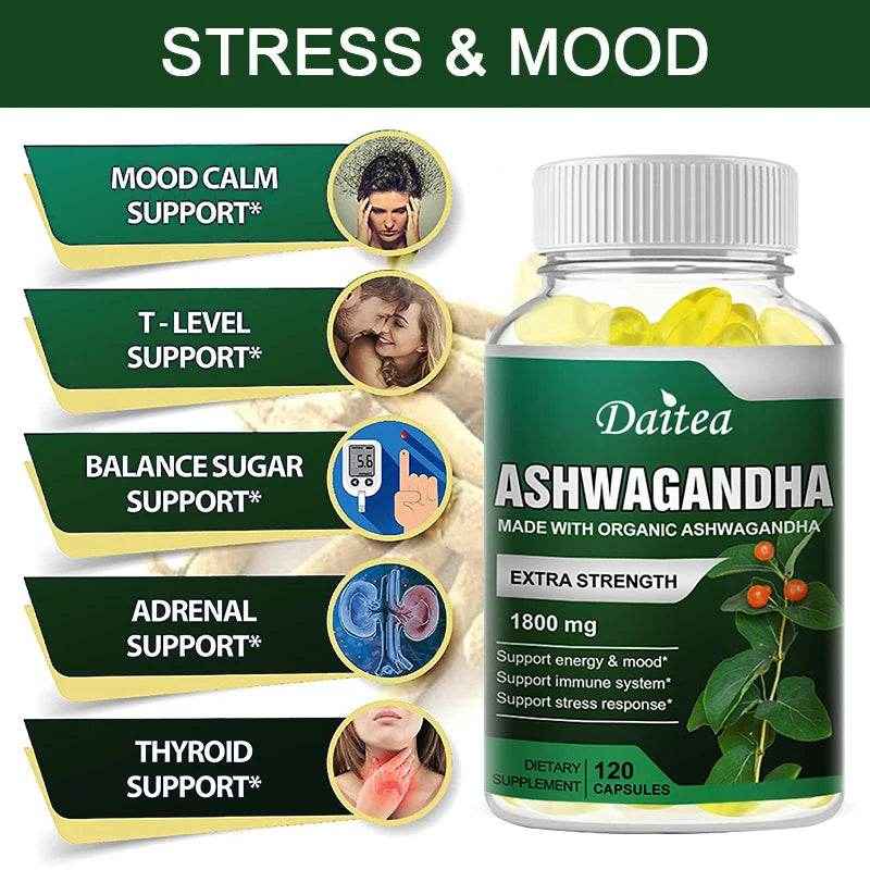 Ashwagandha Supplement 1800mg, Stress Relief, Focus, Brain, Sleep, Energy, Thyroid Support, Immune System Support