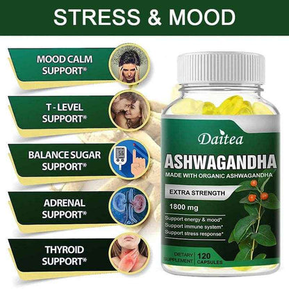 Ashwagandha Supplement 1800mg, Stress Relief, Focus, Brain, Sleep, Energy, Thyroid Support, Immune System Support