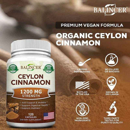 Premium Ceylon Cinnamon 1200 mg Organic All-Natural Supplement for Blood Sugar Levels, Circulation, Brain and Joint Health