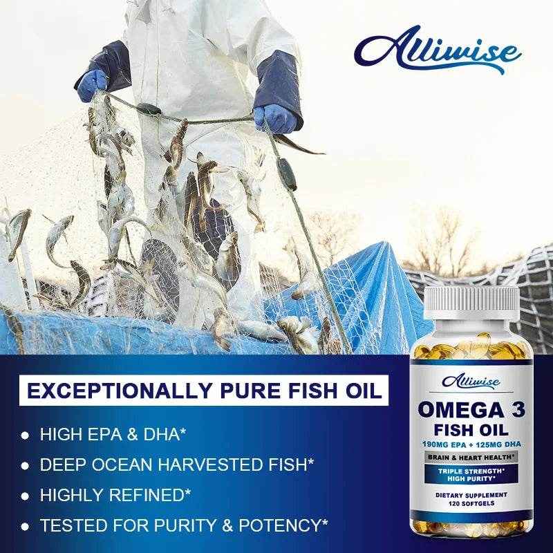 Alliwise Omega 3 Fish Oil Capsules Helps Brain &amp; Cardiovascular System, Relief Eye Fatigue, Improve Cognitive &amp; Learning Ability